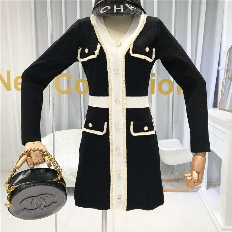 Amolapha Women V Neck Single Buttons Tassel Patchwork Fake Pocekt Knit Long Sleeve Mini Dress Vestidos