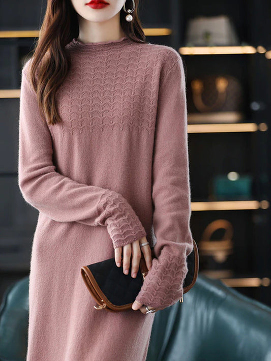 100% Cashmere and Wool Knitted Dress for Women 2020 New Arrival Winter/ Autumn Oneck Female Dresses Long Style 6Colors Jumpers