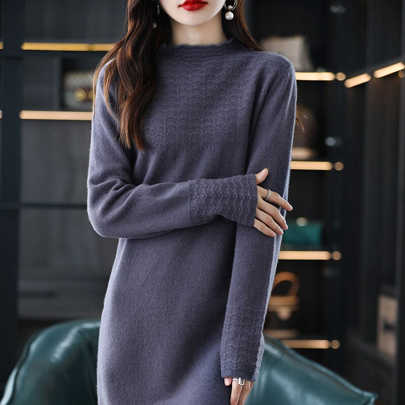 100% Cashmere and Wool Knitted Dress for Women 2020 New Arrival Winter/ Autumn Oneck Female Dresses Long Style 6Colors Jumpers