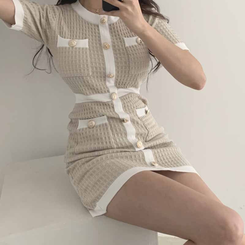 Elegant Korean Wool Knitted Dress 2023 Party Autumn Black Slim Button Bodycon Mini Dress Vestido Feminina Winter Clothing 12105